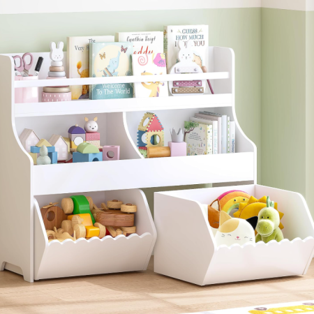 Kids Toy Storage Organizer with Bookshelf and Drawers, Wooden Montessori Cabinet with Tiered Toy Shelf for Children's Room, Playroom and Nursery
