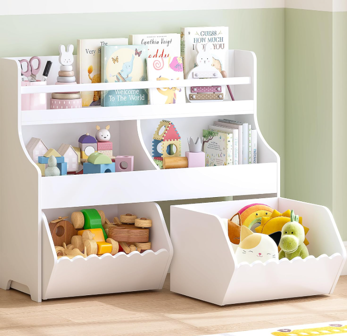 Kids Toy Storage Organizer with Bookshelf and Drawers, Wooden Montessori Cabinet with Tiered Toy Shelf for Children's Room, Playroom and Nursery