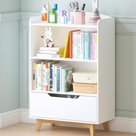 Kids Bookshelf with Drawer and Toy Storage Organizer, Corner Bookcase with Wooden Legs, Toddler-Friendly Shelf for Nursery and Playroom