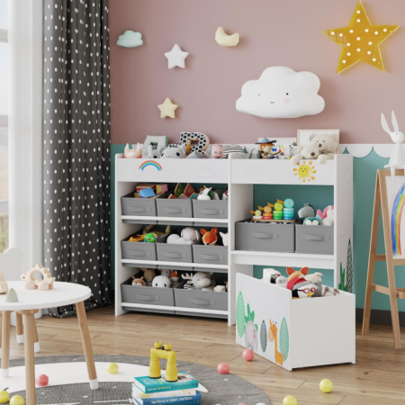 Kids Bookshelf with Fabric Bins and Toy Storage Chest, Montessori Style Organizer for Nursery, Playroom and Kindergarten