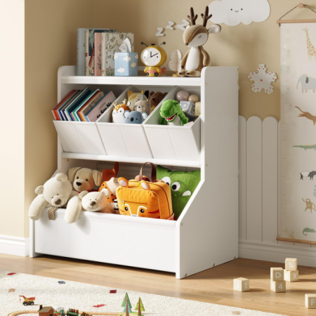 Kids Toy Storage Organizer with Bins and Bookshelf, Wooden Storage Cabinet for Children's Playroom, Bedroom and Nursery