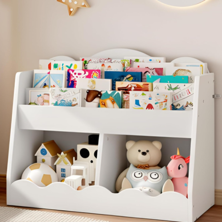 Kids Bookshelf and Toy Storage Organizer with Storage Cubes, Wooden Book Organizer Shelf for Children's Room, Nursery and Living Room