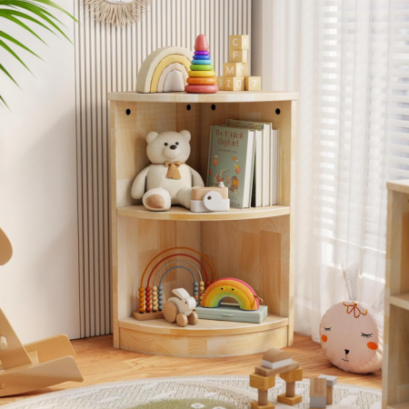 Wooden Corner Kids Storage Cabinet with Bookshelf, Montessori Toy Organizer Shelf for Playroom, Nursery and Kindergarten